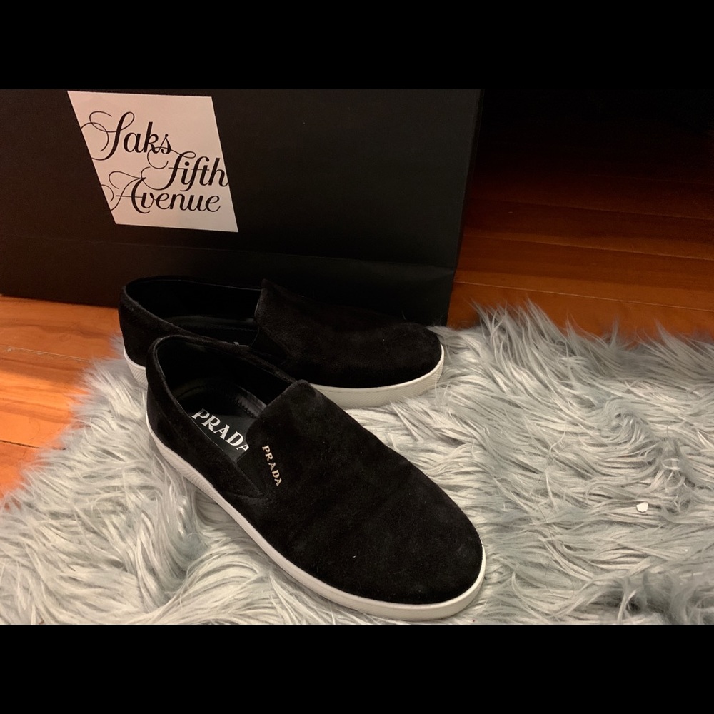 Prada black suede slip-on sneakers